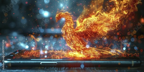 Witness the awe-inspiring emergence of a digital phoenix on a smartphone screen, symbolizing a technological revolution.