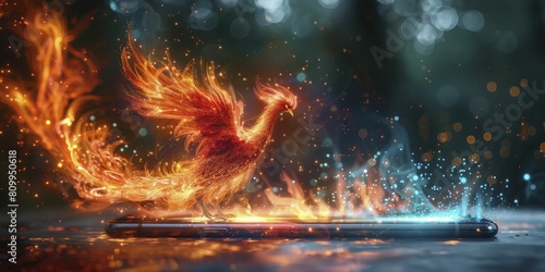 Digital phoenix rising from smartphone screen, illustrating revolutionary tech rebirth.