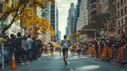 A cinematic wide shot of a runner approaching the finish line in a major urban marathon