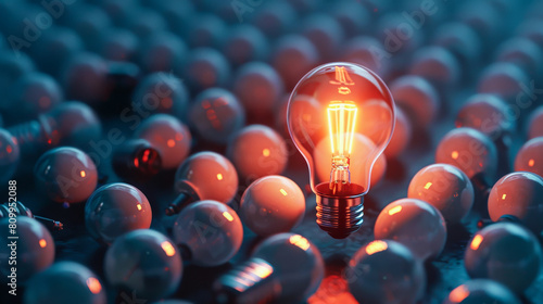 A 3D render of a shining light bulb standing next to extinguished ones, symbolizing a brilliant idea, Ai Generated
