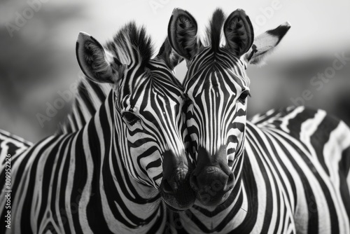 Two plains zebras, Close-up shot of two zebras standing in a grassy field at sunny day, Ai generated