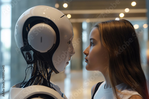 Curious young woman stares into the eyes of an ai robot, representing the merging of humanity and cutting-edge technology