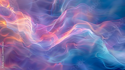 Ethereal waves of iridescent colors blend together to form a delicate abstract composition, captured with an 8k camera, ratio