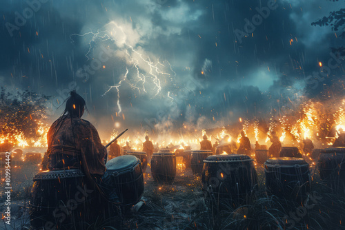 An artistic representation of drum beats as lightning strikes, electrifying the atmosphere with the anticipation of battle,