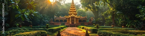Glimmering Sacred Shrine Amidst Lush Thai Garden Sanctuary