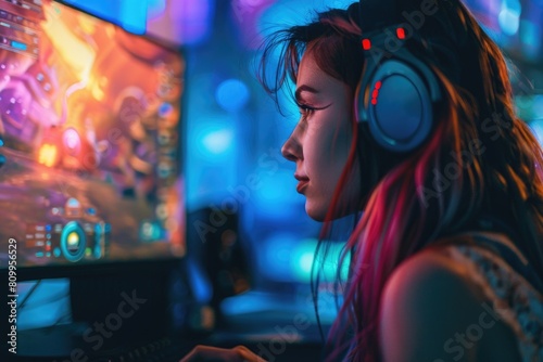 A woman with headphones playing a video game. Perfect for gaming or technology concepts