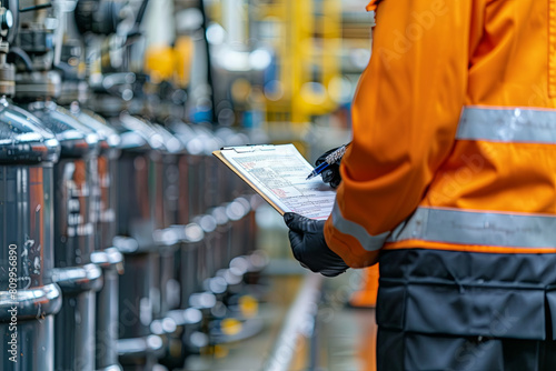 A safety officer is checking on the hazardous material checklist form with chemical storage area at the factory as background