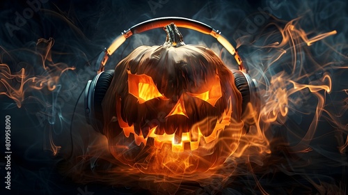 Fiery Pumpkin Head with Headphones Amid Smoky Hellfire Surreal Halloween Digital Artwork