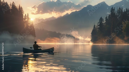 Fisherman paddles canoe across tranquil mtn lake