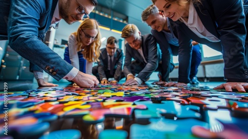 Swedish professionals working together to arrange vibrant puzzle pieces on a table