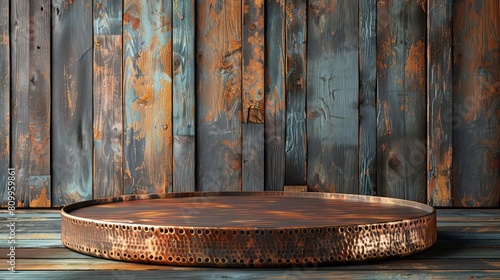 Large hammered copper tray on a wooden background.