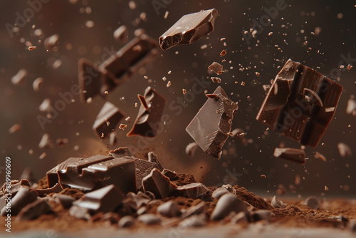 Milk chocolate pieces falling onto a pile capturing the motion and anticipation of taste 