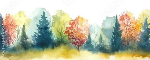 Nature's Harmony: Watercolor Illustration of Trees in a Scenic Landscape