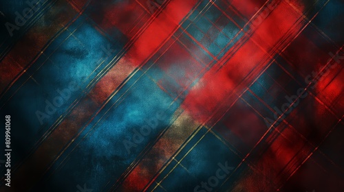 A plaid pattern featuring red and blue colors on a black background with bronze accents