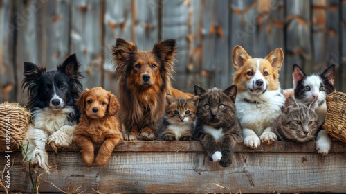 Cute pets gathered on a wooden ledge