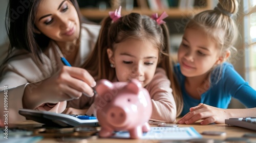 Woman and two girls putting coins into a piggy bank, teaching financial responsibility and saving habits.