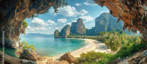 Scenic Rockface Cliff Lining Tropical Coastline of Railay Beach Offering Thrilling Rock Climbing