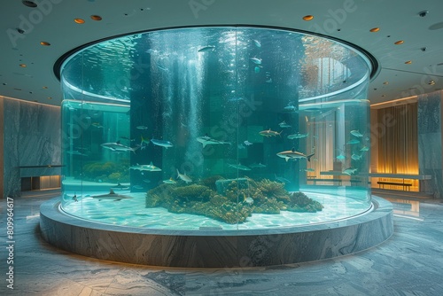 A panoramic view of a modern and elegant cylindrical aquarium inside a building with sharks and fish swimming in clear blue water