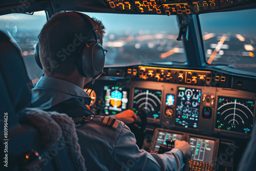 Pilot in cockpit of the modern passenger aircraft during flight