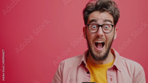 handsome man exited surprise face expression . Male feels shocked with the phone. exciting smile and happy adorable rejoices. Very enjoy and fun relax time. wow, girl holding smartphone