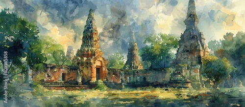 Ayutthaya s Timeless Temples Intricate Ruins Enveloped in Ethereal Watercolor Grandeur