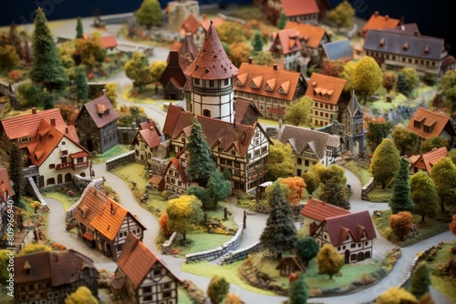 Detailed view of a charming miniature model village depicting traditional european architecture