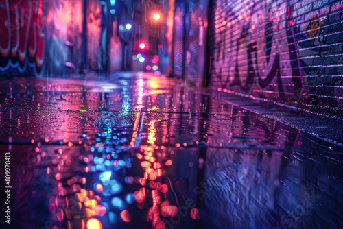 The city street was glistening with rainwater under the neon lights at night, showcasing vibrant graffiti on the walls.
