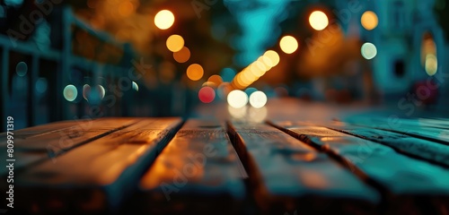 Bokeh Lights on Wet City Bench at Twilight