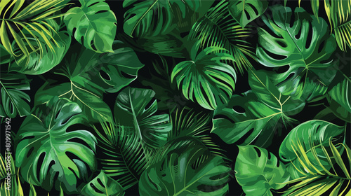 Tropical palm monstera chamaedorea leaves seamless pattern
