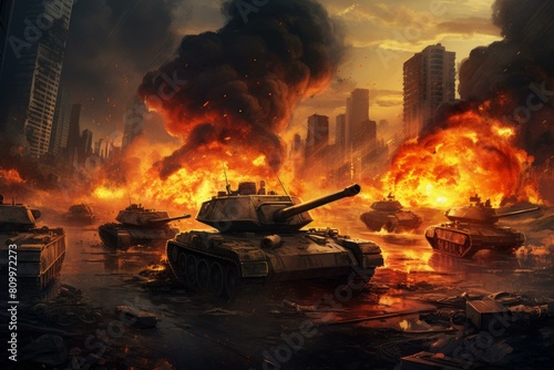 Tank in burning city. Military weapon. Generate Ai