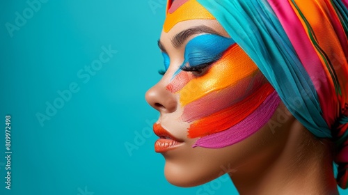 Closeup of a woman with vibrant rainbow makeup and headscarf against a blue backdrop