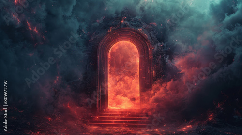 A depiction of a wicked hex entrance surrounded by billowing smoke and fiery inferno created by an AI algorithm.