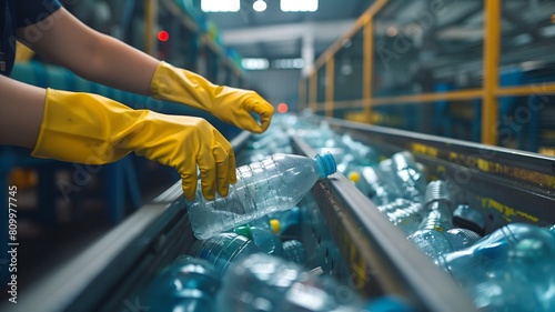 A worker in yellow rubber gloves sorts plastic bottles for recycling on a conveyor belt . Recycling