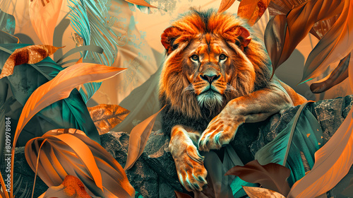A regal lion lounges amidst a collage of vividly colored tropical leaves and abstract shapes.
