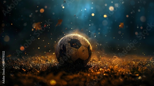 A close up of a dirty soccer ball on a grass field with the background out of focus.