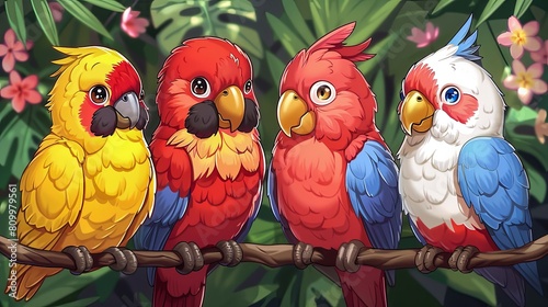 Four cute and colorful parrots are sitting on a branch in a tropical setting.