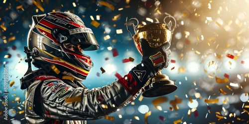 Man in racing suit holding up trophy