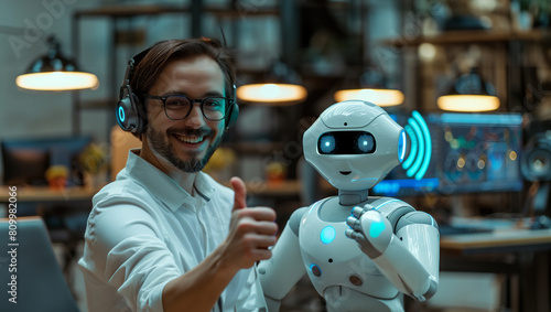 A smiling customer service worker, wearing headphones is giving the thumbs up while standing next to an adorable robot with blue and white color, green sound waves across his face, he is holding green