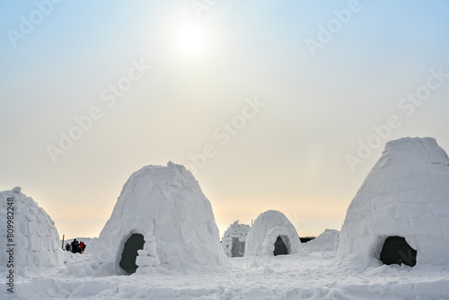 View of the many igloo, the traditional shelter of the northern peoples from the cold, made of snow