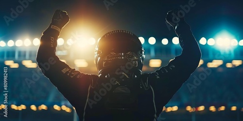 Silhouette of race car driver celebrating the win in a race against bright stadium lights. Person with hands raised