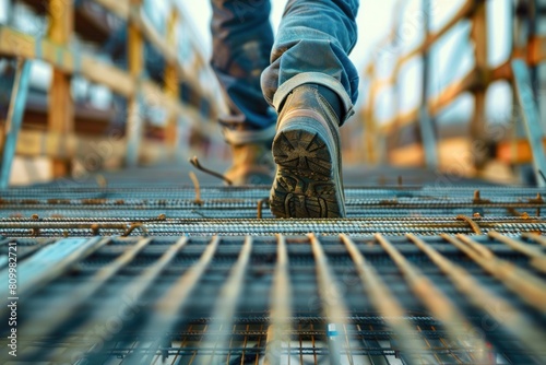Close up of worker walking on metal platform at construction site, Construction Workers Craft Steel Reinforcement Bars, Movin forward, success, grow up concept. Rear view, close up shoes. Generated AI