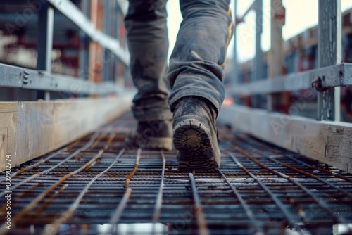 Close up of worker walking on metal platform at construction site, Construction Workers Craft Steel Reinforcement Bars, Movin forward, success, grow up concept. Rear view, close up shoes. Generated AI