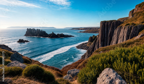 A rocky coastline with cliffs, a body of water, and a sky with clouds.