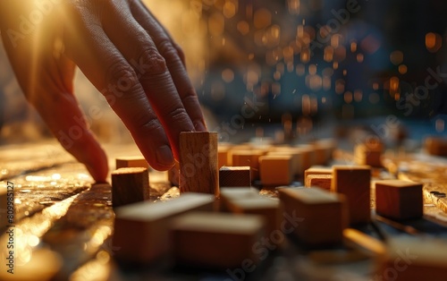 Hand stopping a domino effect among wooden blocks.