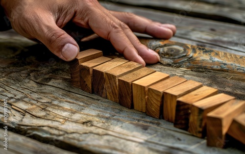 Hand stopping a domino effect among wooden blocks.