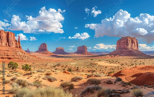 Iconic red sandstone buttes under vast blue skies in a desert landscape.
