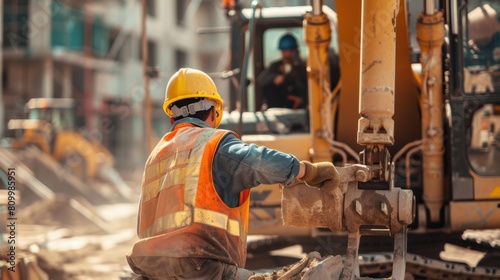 A construction site with workers wearing safety helmets and vests