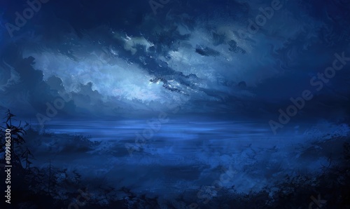 Painting of a foggy night sky with low-lying stratus clouds