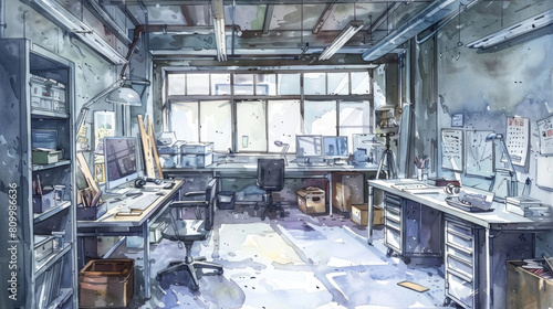 A detailed drawing of a room overflowing with clutter, including scattered papers, books, clothes, and miscellaneous items