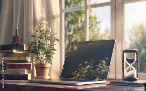 Laptop on desk with books, potted plant, and hourglass near window